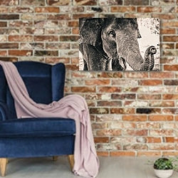 «Ретро-фотография слона» в интерьере в стиле лофт с кирпичной стеной и синим креслом