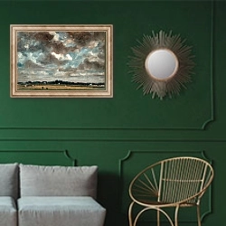 «Extensive Landscape with Grey Clouds, c.1821» в интерьере классической гостиной с зеленой стеной над диваном