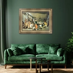«Парижское гулянье. Эскиз. 1863-64» в интерьере классической гостиной с зеленой стеной над диваном
