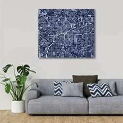 «План города Атланта, США, в синем цвете» в интерьере гостиной в скандинавском стиле с серым диваном