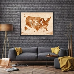 «Карта США» в интерьере в стиле лофт над диваном
