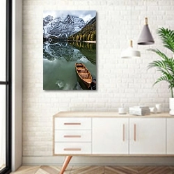 «Из осени в зиму. Озеро Брайес, Италия» в интерьере комнаты в скандинавском стиле над тумбой