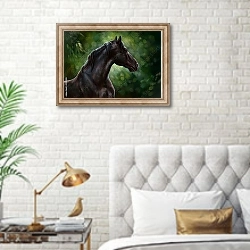 «Вороной конь» в интерьере гостиной в оливковых тонах