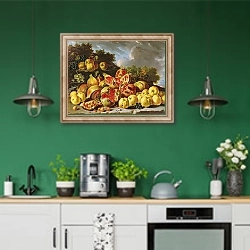 «Still Life with pomegranates, apples, cherries and grapes» в интерьере кухни с зелеными стенами