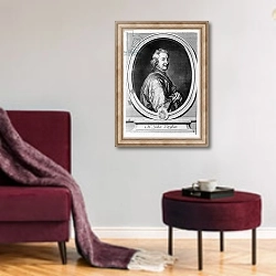 «John Dryden engraved by Gerard Edelinck» в интерьере гостиной в бордовых тонах