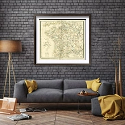 «Карта Королевства Франции, 1838 г.» в интерьере в стиле лофт над диваном