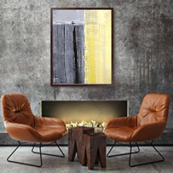 «Серый и желтый» в интерьере в стиле лофт с бетонной стеной над камином