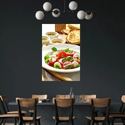 «Италия. Капри. Салат» в интерьере столовой с черными стенами