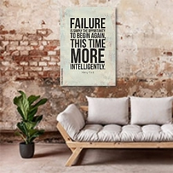 «Мотивационный плакат с цитатой Генри Форда» в интерьере гостиной в стиле лофт над диваном