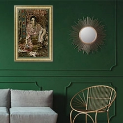 «The Fortune Teller, 1895» в интерьере классической гостиной с зеленой стеной над диваном