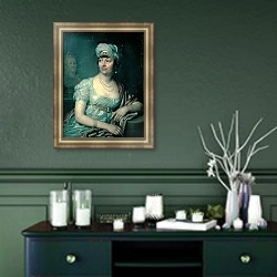 «Portrait of Germaine de Stael, 1812» в интерьере гостиной в оливковых тонах