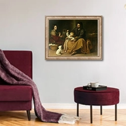 «The Holy Family with the Little Bird, c.1650» в интерьере гостиной в бордовых тонах