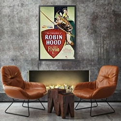 «Poster - Adventures Of Robin Hood» в интерьере в стиле лофт с бетонной стеной над камином