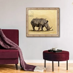 «White rhino and starlings, 2012,» в интерьере гостиной в бордовых тонах