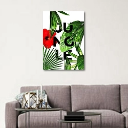«Тропический набор экзотических пальмовых листьев и цветок гибискуса » в интерьере в скандинавском стиле над диваном