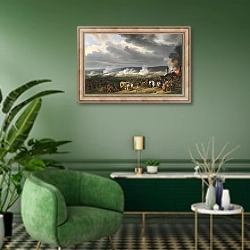 «Сражение при Жемаппе» в интерьере гостиной в зеленых тонах
