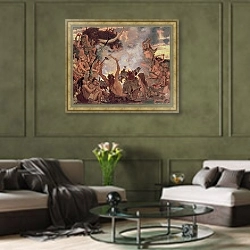 «A Stone Age Feast, 1883» в интерьере гостиной в оливковых тонах
