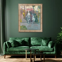 «Paradis og hoppetau» в интерьере зеленой гостиной над диваном