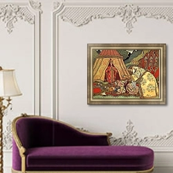 «Царь Дадон перед Шамаханской царицей» в интерьере гостиной с розовым диваном