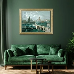 «View of the Moscow Kremlin, 1840's» в интерьере зеленой гостиной над диваном