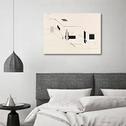 «Der Prounenraum – Blatt 5 der I. Kestnermappe, Proun» в интерьере спальне в стиле минимализм над кроватью