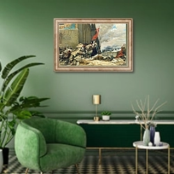 «Burning of the Tuileries, 1871» в интерьере гостиной в зеленых тонах