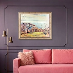 «Landscape, 1905» в интерьере гостиной с розовым диваном