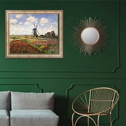 «Tulip Fields with the Rijnsburg Windmill, 1886» в интерьере классической гостиной с зеленой стеной над диваном