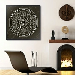 «Зодиакальный круг на звездном небе» в интерьере гостиной в этническом стиле над камином