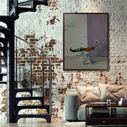 «The First Chilli» в интерьере двухярусной гостиной в стиле лофт с кирпичной стеной