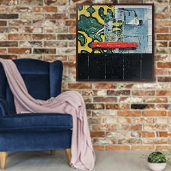 «Upsetter Tadpoles» в интерьере в стиле лофт с кирпичной стеной и синим креслом