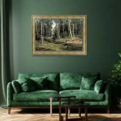 «Ручей в березовом лесу. 1883» в интерьере зеленой гостиной над диваном