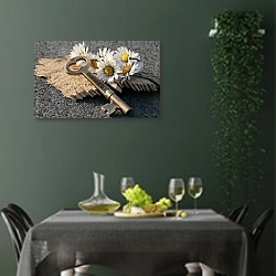 «Ключ и ромашки» в интерьере столовой в зеленых тонах