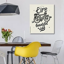 «life is a beautiful ride» в интерьере столовой в скандинавском стиле с яркими деталями
