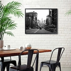 «История в черно-белых фото 937» в интерьере столовой в скандинавском стиле с кирпичной стеной