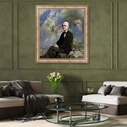 «Portrait of Manuel de Falla 1932» в интерьере гостиной в оливковых тонах