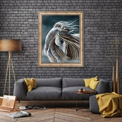 «Белая лошадь с длинной гривой» в интерьере в стиле лофт с кирпичной стеной и синим креслом