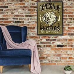 «Ретро плакат. Индейцы» в интерьере в стиле лофт с кирпичной стеной и синим креслом