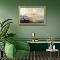 «Морской залив ранним утром» в интерьере гостиной в зеленых тонах