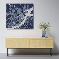 «План города Квебек, Канада, в синем цвете» в интерьере в скандинавском стиле над тумбой