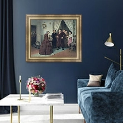 «Приезд гувернантки в купеческий дом. 1866» в интерьере гостиной в оливковых тонах