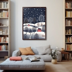 «Зимний ночной пейзаж с красными домиками» в интерьере 