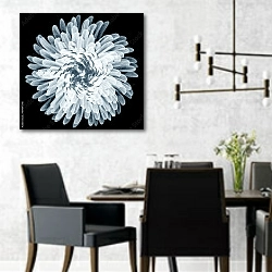 «Рентгеновское изображение цветка хризантемы на черном» в интерьере современной столовой с черными креслами