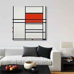 «Composition of Red and White; Nom 1,Composition No. 4 with red and blue» в интерьере гостиной в стиле минимализм в светлых тонах