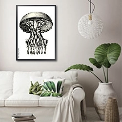 «Ретро иллюстрация медузы» в интерьере светлой гостиной в скандинавском стиле над диваном