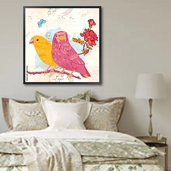 «Винтажная открытка с птицами, розами и бабочкой» в интерьере спальни в стиле прованс над кроватью
