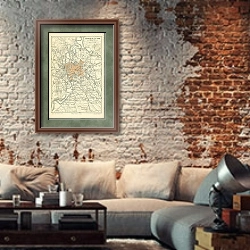 «Карта окрестностей Рима, конец 19 в. 2» в интерьере гостиной в стиле лофт с кирпичной стеной