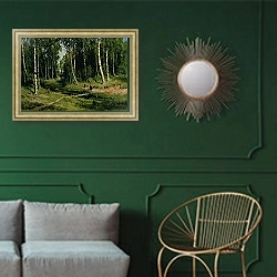 «In The Birch Tree Forest, 1883» в интерьере классической гостиной с зеленой стеной над диваном