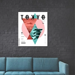«Токио, современный плакат» в интерьере в стиле лофт с черной кирпичной стеной