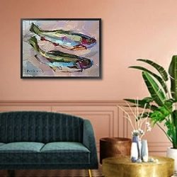 «Two Rainbow Trout» в интерьере классической гостиной с зеленой стеной над диваном